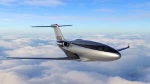 A sleek, windowless plane in the air.